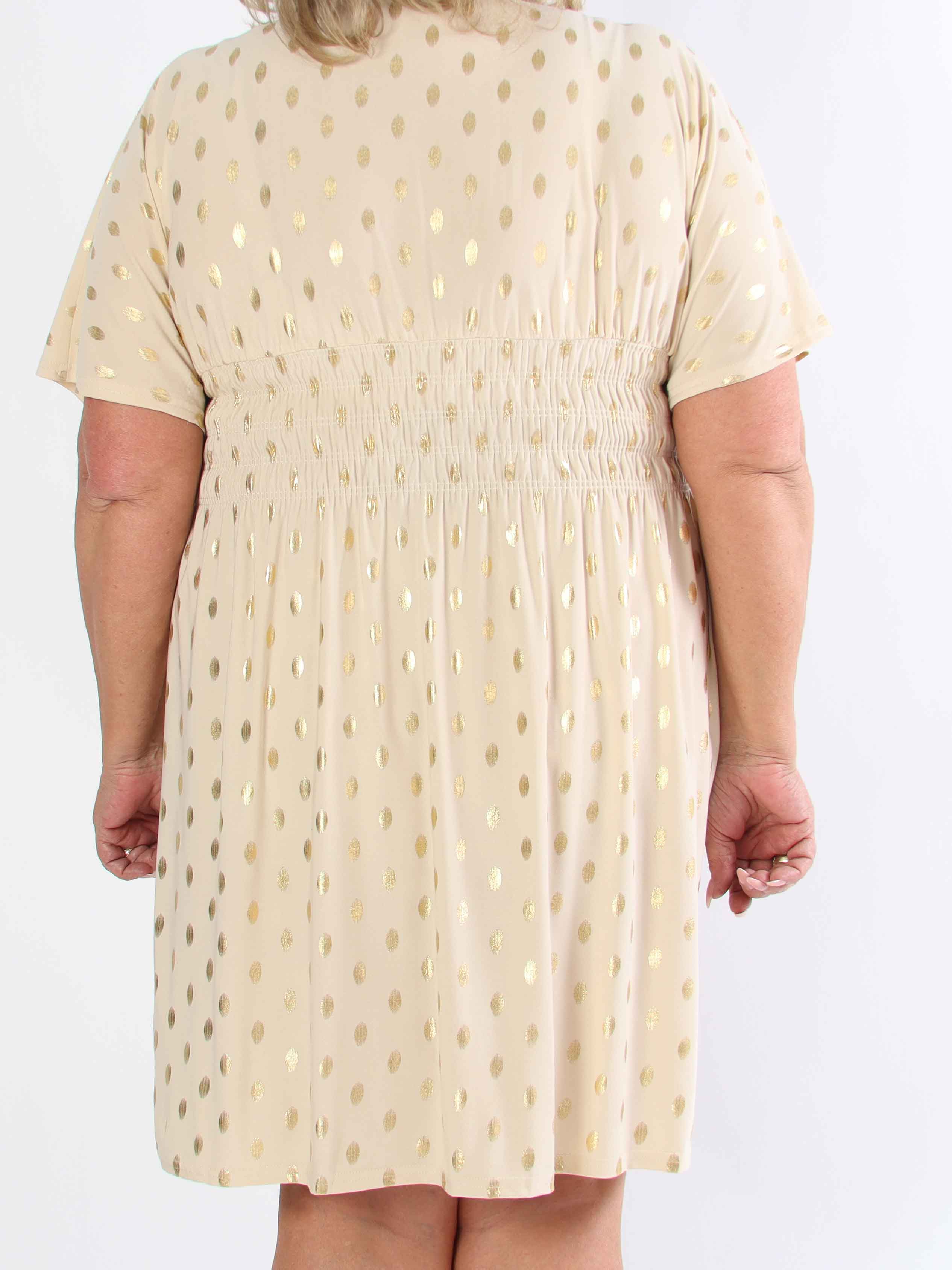 Pams Dot Short - Plus size elastisk kjole med guld prikker